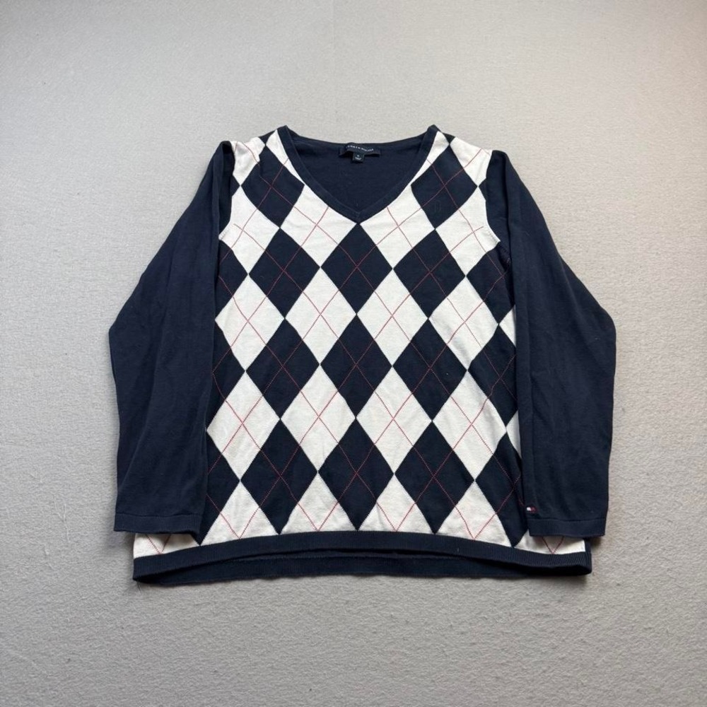 Tommy Hilfiger Navy Argyle Sweater V Neck Preppy Knit Women's XL